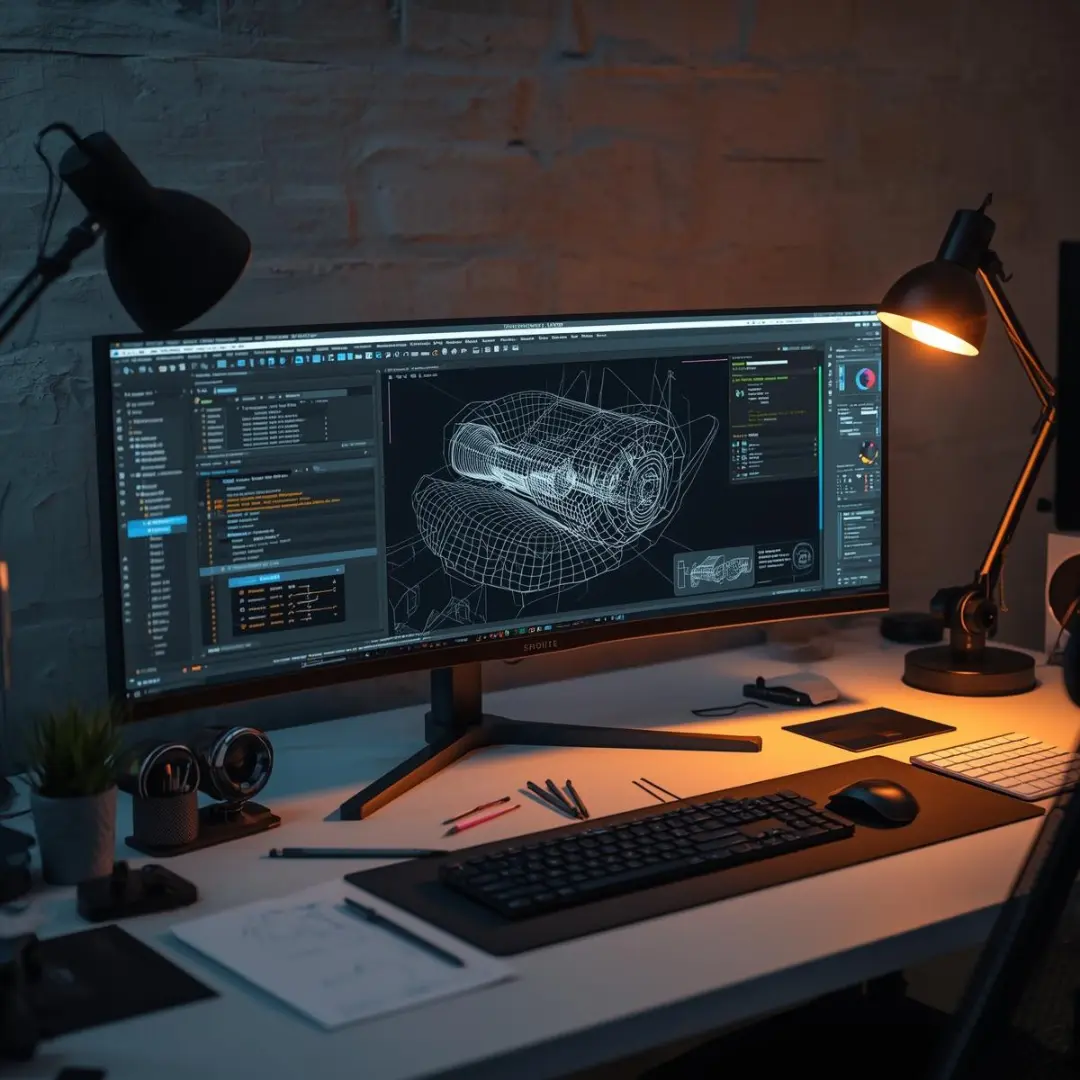 Professional 3D modeling workspace with ultrawide monitor